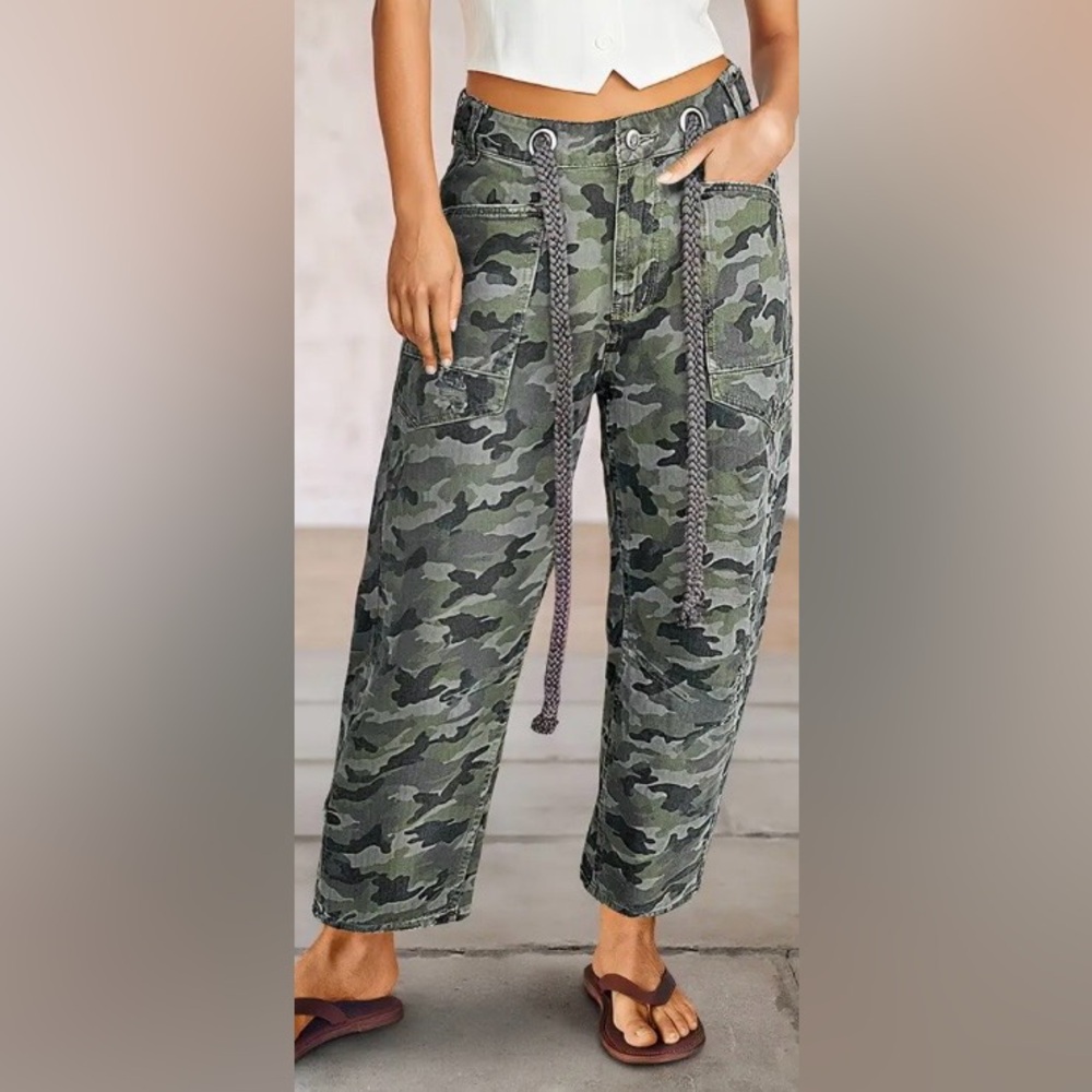 Flamingals Camo Print Eyelet Drawstring Mid Rise Barrel Leg Jeans